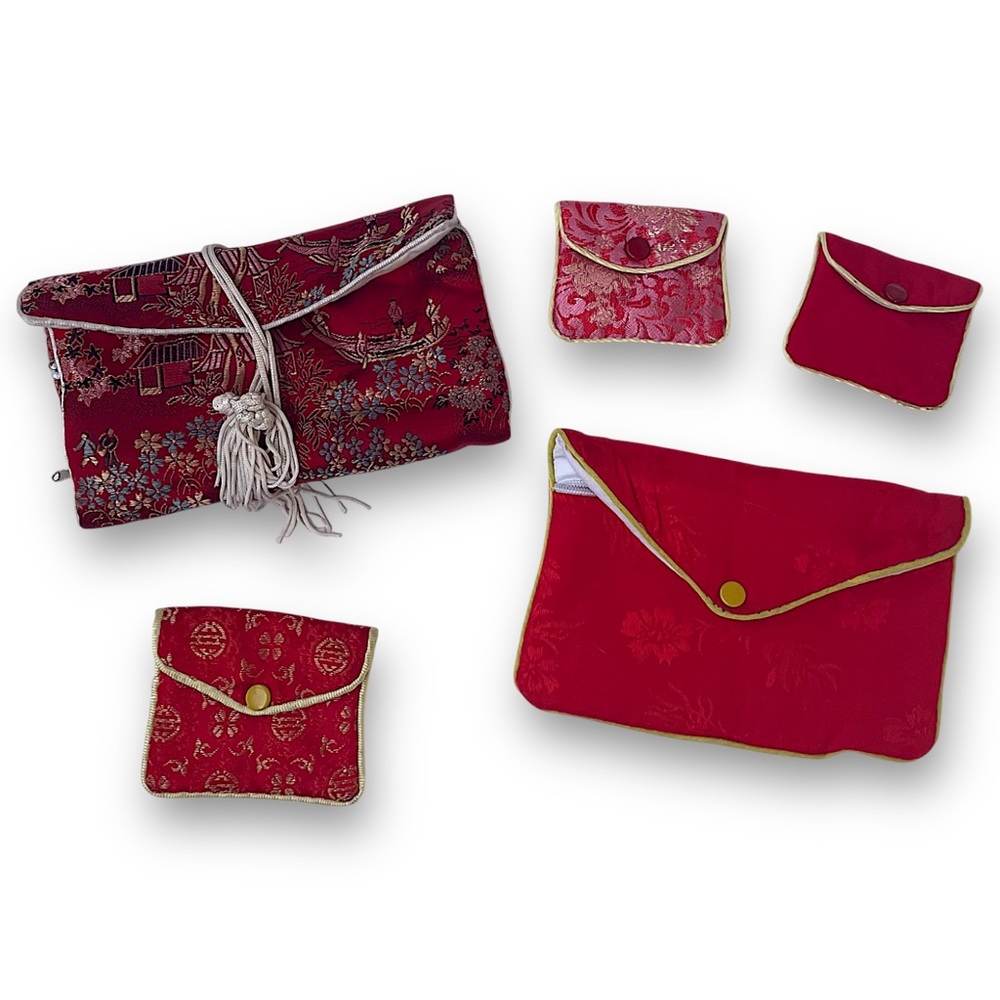 Red Brocade Envelope Clutch and Pouch Set